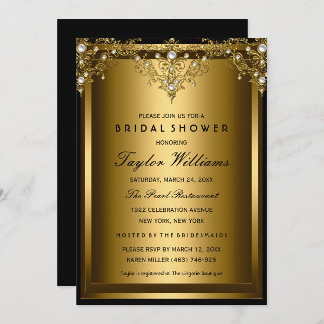 Gold Pearl Vintage Glamour Bridal Shower Invite (Front/Back)