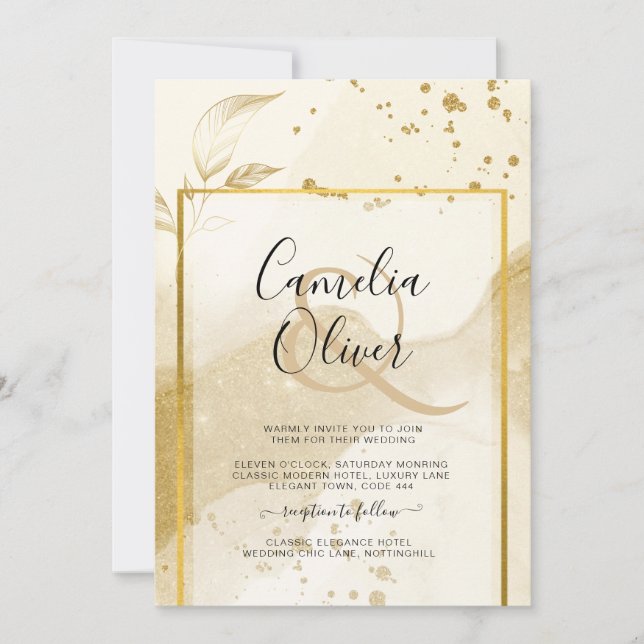 Gold Pearl WEDDING Alcohol INK Abstract LeahG Invitation (Front)