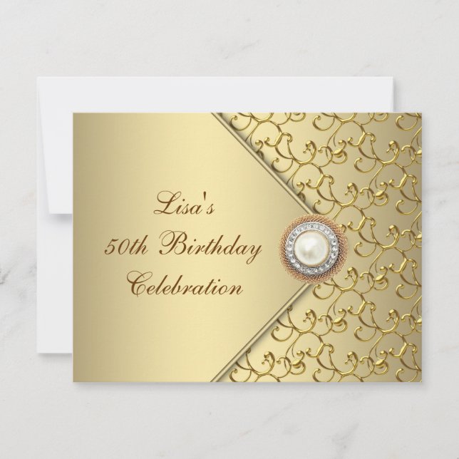 Gold Pearl Womans 50th Birthday Party Invitation (Front)