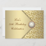 Gold Pearl Womans 50th Birthday Party Invitation<br><div class="desc">Elegant gold and gold swirl flourish with pearl centre jewel woman's gold fiftieth birthday party invitation template.</div>