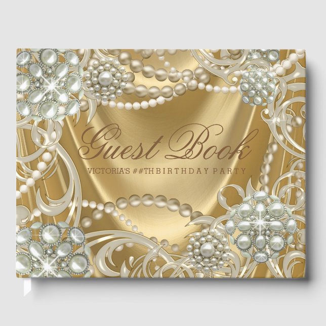 Gold Pearl Womans Birthday Party Guest Book (Front)