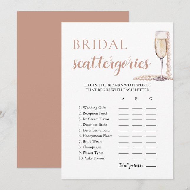 Gold Pearls and Prosecco Bridal Scattegories Game Invitation (Front/Back)