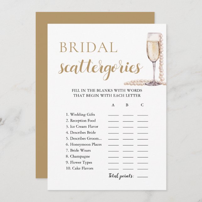 Gold Pearls and Prosecco Bridal Scattegories Game Invitation (Front/Back)