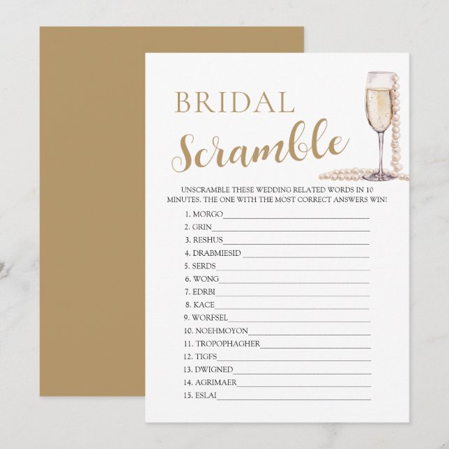 Gold Pearls and Prosecco Bridal Word Scramble Game Invitation (Front/Back)