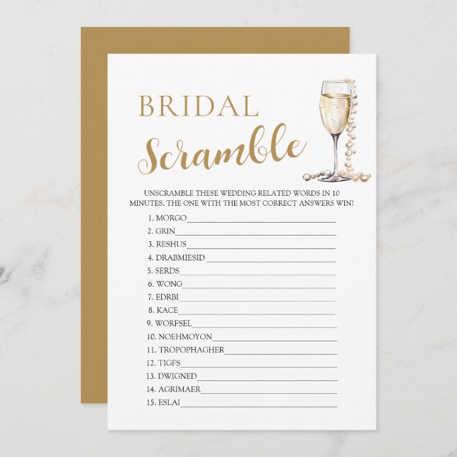 Gold Pearls and Prosecco Bridal Word Scramble Game Invitation (Front/Back)