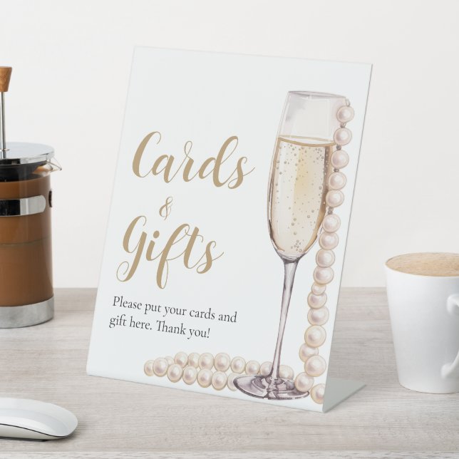 Gold Pearls and Prosecco Champagne Cards And Gifts Pedestal Sign (In SItu)