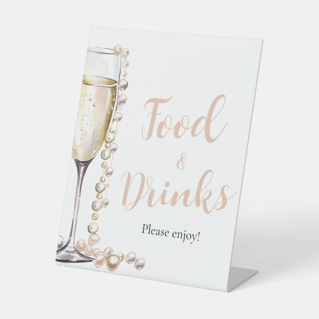 Gold Pearls and Prosecco Champagne Food and Drinks Pedestal Sign (Front)