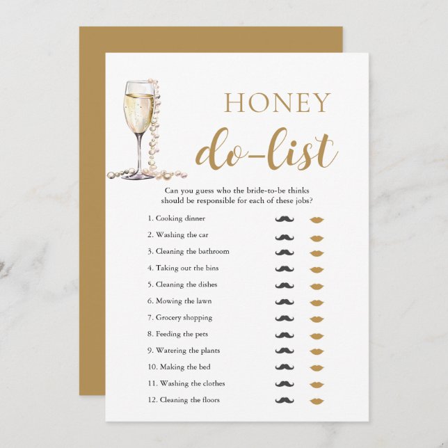 Gold Pearls and Prosecco Honey Do List Bridal Game Invitation (Front/Back)