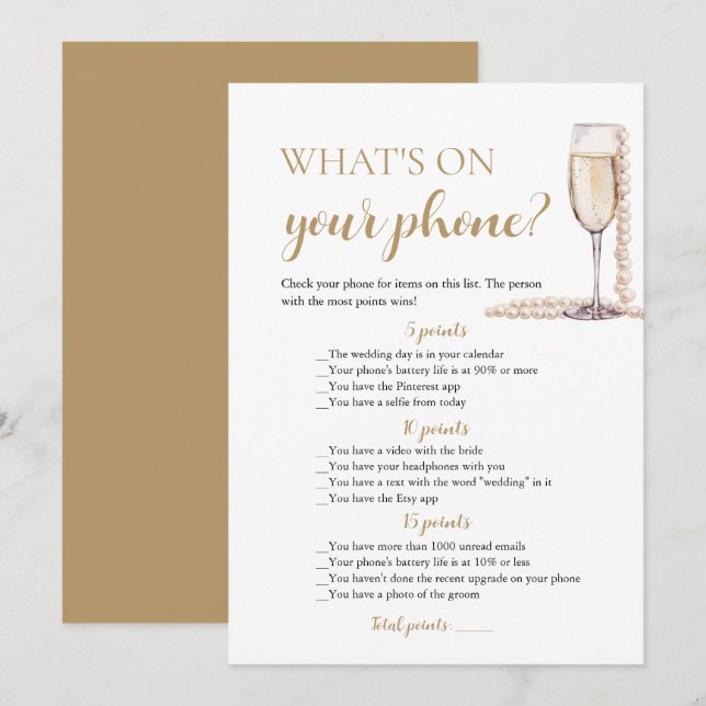Gold Pearls and Prosecco What's On Your Phone Game Invitation (Front/Back)