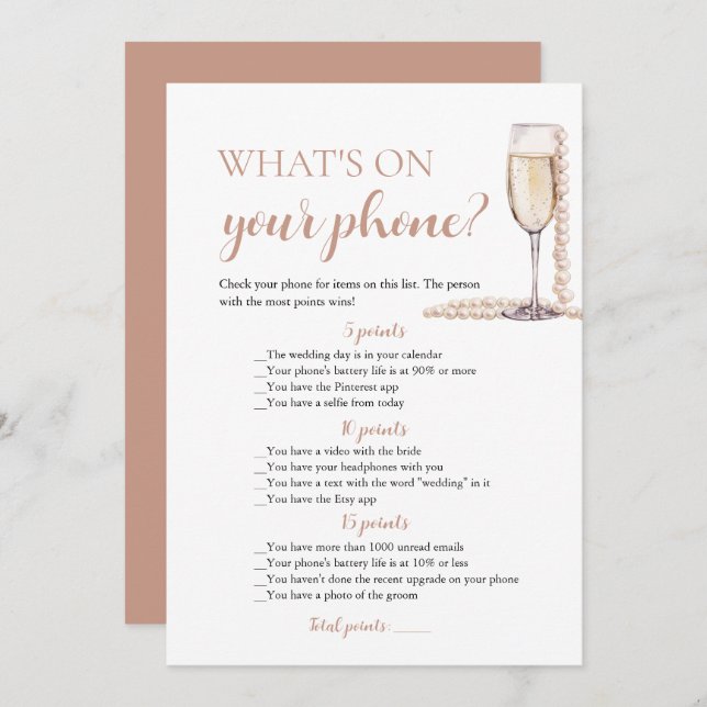 Gold Pearls and Prosecco What's On Your Phone Game Invitation (Front/Back)