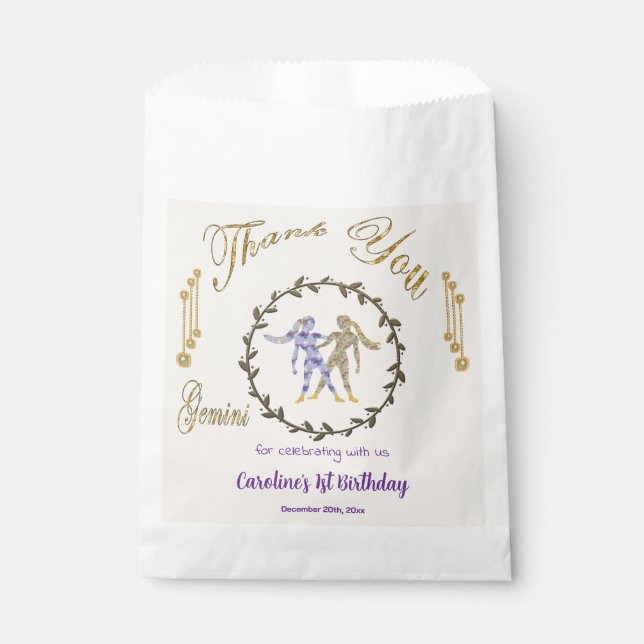 Gold & Pearls Gemini 1st Birthday Thank You Favour Bags (Front)