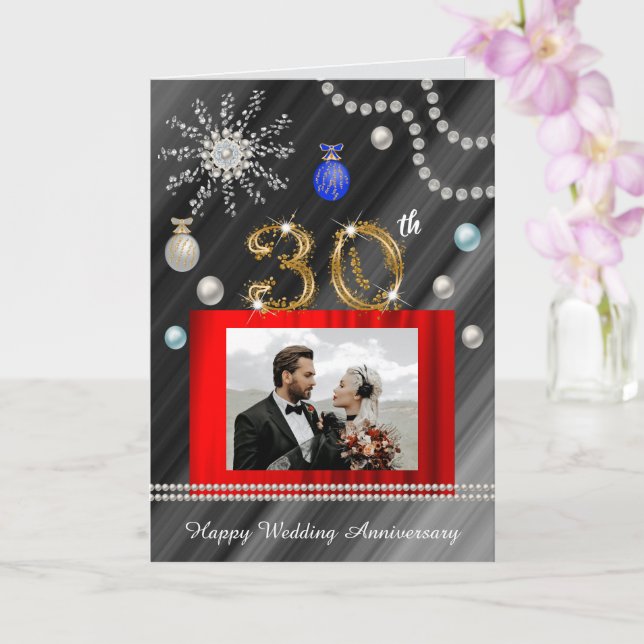 Gold Pearls Glitter Gem 30th Wedding Anniversary Card (Orchid)
