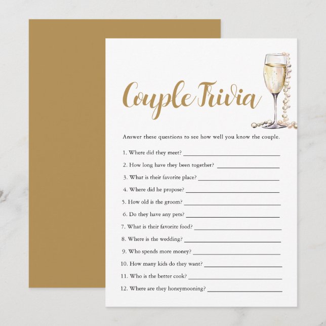 Gold Pearls & Prosecco Couple Trivia Bridal Game  Invitation (Front/Back)