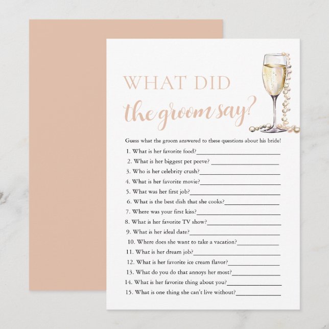 Gold Pearls & Prosecco What Did The Groom Say Game Invitation (Front/Back)