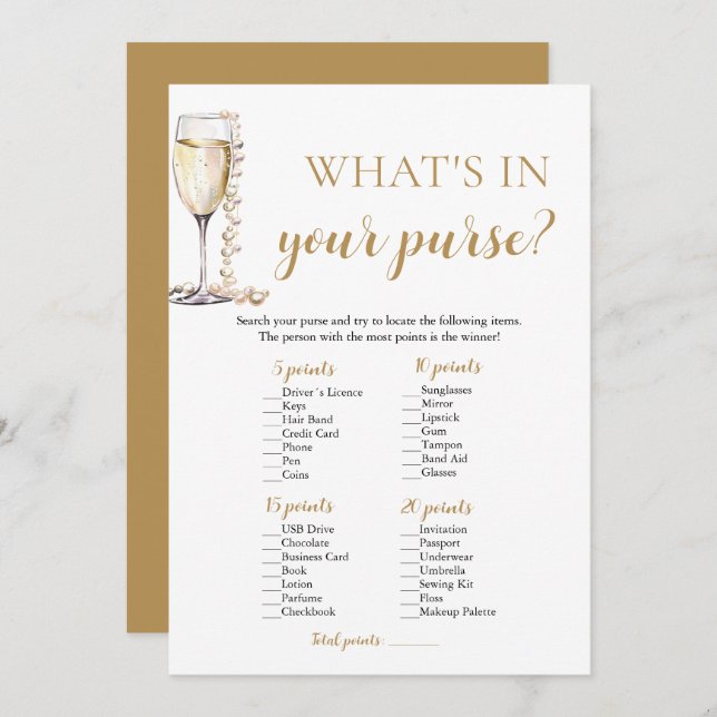 Gold Pearls & Prosecco What's In Your Purse Game Invitation (Front/Back)