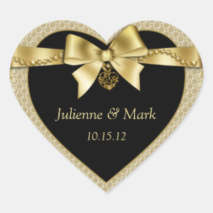 Gold Pearls Ribbon on Black Heart Heart Sticker