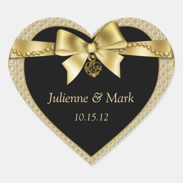 Gold Pearls Ribbon on Black Heart Heart Sticker (Front)