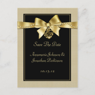 Gold Pearls Ribbon on Black Save The Date Announcement Postcard