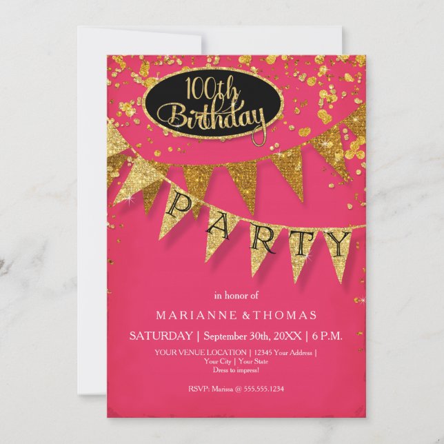 Gold Pennant Any Year Pink Birthday Confetti Invitation (Front)