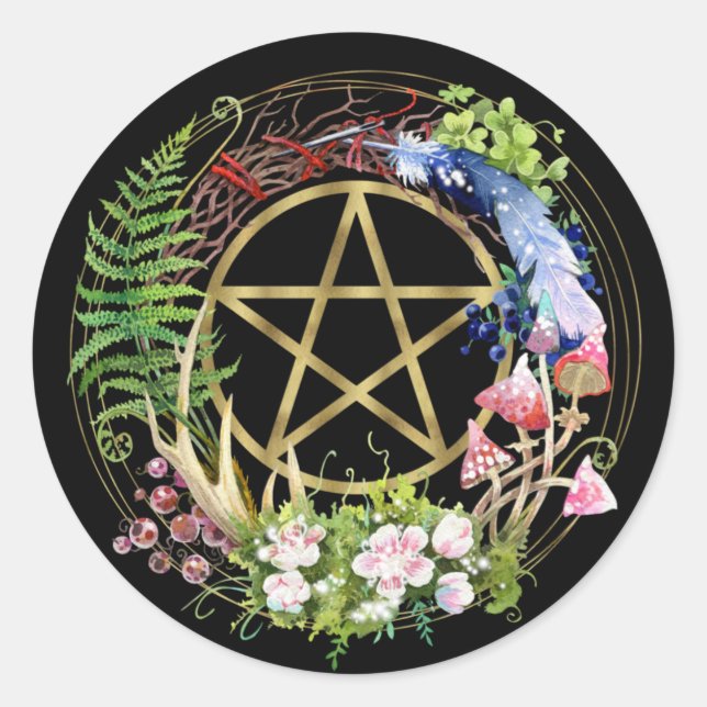Gold Pentacle Nature Wreath Flowers Bohemian Classic Round Sticker (Front)
