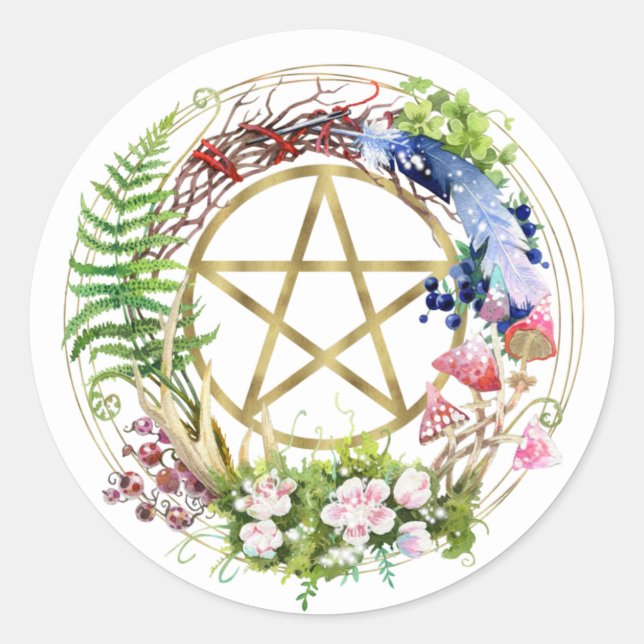 Gold Pentacle Nature Wreath Flowers Bohemian Classic Round Sticker (Front)