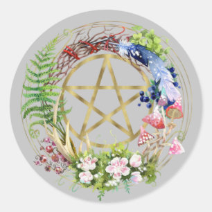 Gold Pentacle Nature Wreath Flowers Bohemian  Classic Round Sticker