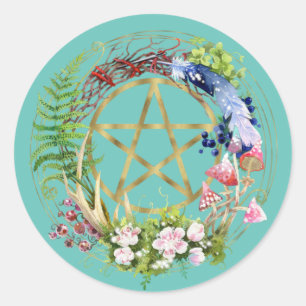 Gold Pentacle Nature Wreath Flowers Bohemian Classic Round Sticker