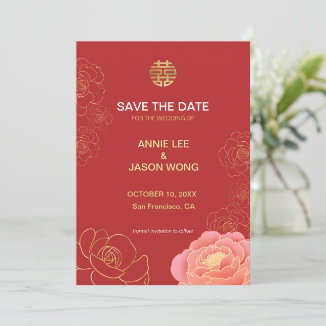 Gold peony Chinese wedding save the date (Standing Front)