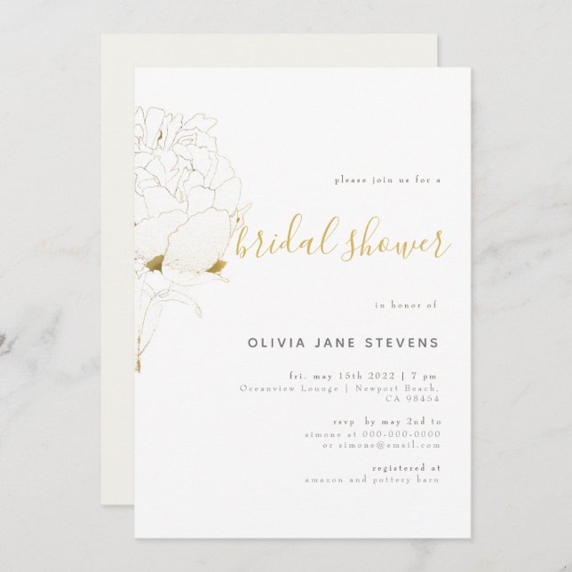 Gold Peony Elegant Floral Sketch BW Bridal Shower Invitation (Front/Back)