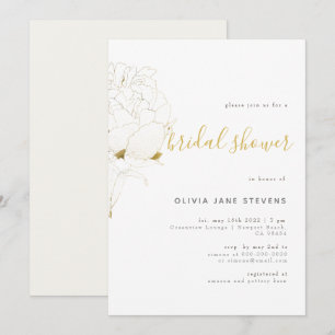 Gold Peony Elegant Floral Sketch BW Bridal Shower Invitation