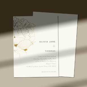 Gold Peony Elegant Floral Sketch BW Wedding Invitation