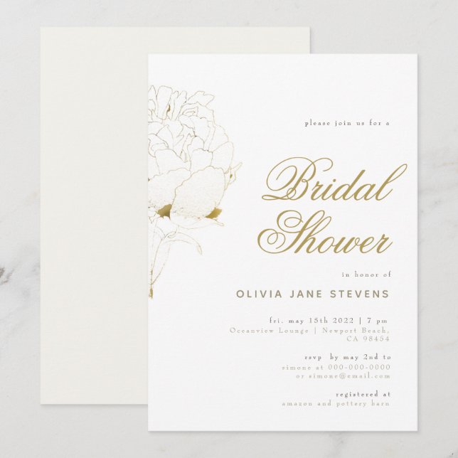 Gold Peony Elegant Script Floral BW Bridal Shower Invitation (Front/Back)
