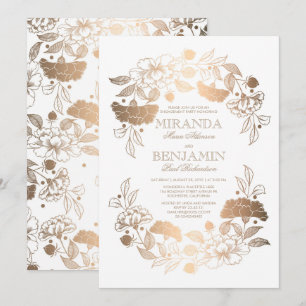 Gold Peony Floral Wreath Elegant Engagement Party Invitation