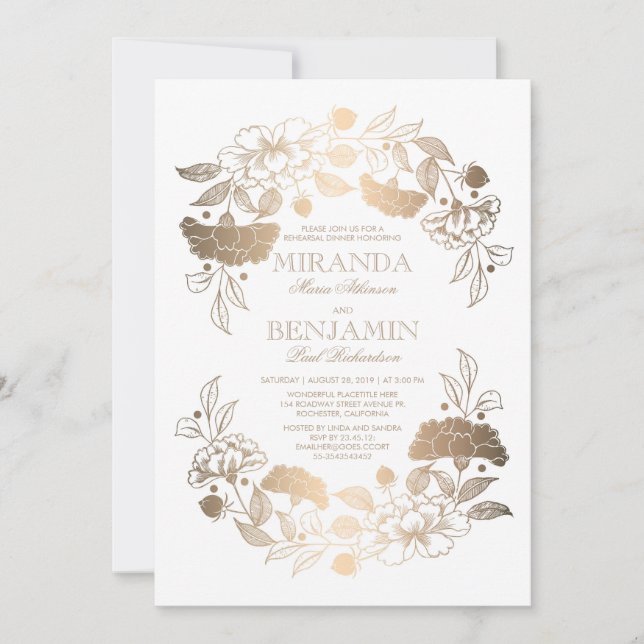 Gold Peony Floral Wreath Elegant Rehearsal Dinner Invitation (Front)