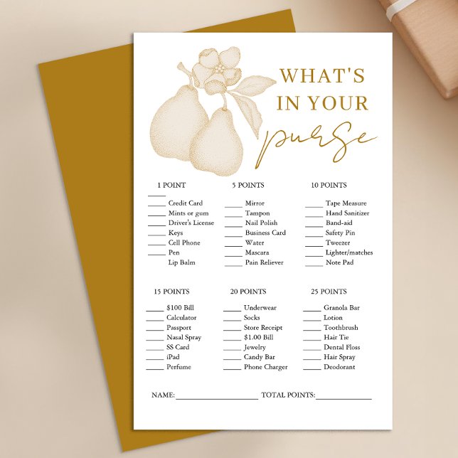 Gold Perfect Pear Bridal Shower Purse Game (What's in your purse - Bridal shower game)