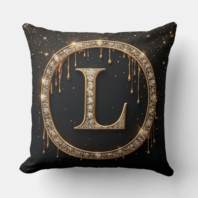 Gold Personal Initial Diamond Letter L Monogram Cushion (Front)