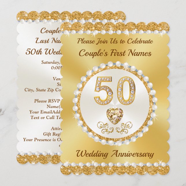 Gold Personalise, 50th Anniversary Invitation Card (Front/Back)