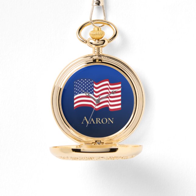 Gold Personalised American Flag Pocket Watch  (Front)