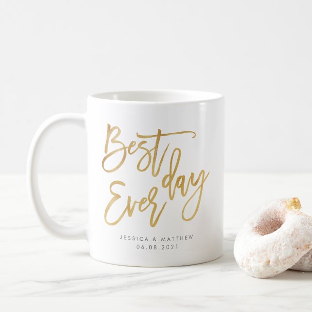 Gold Personalised Best day ever, Calligraphy Coffee Mug (With Donut)