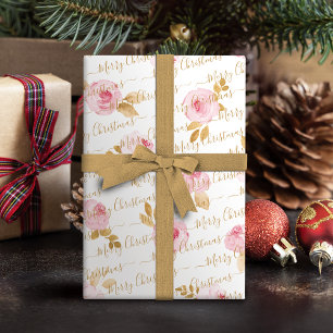 Gold  Personalised Merry Christmas Script Floral Wrapping Paper