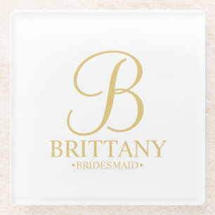 Gold Personalised Monogram and Name Bridesmaid Glass Coaster