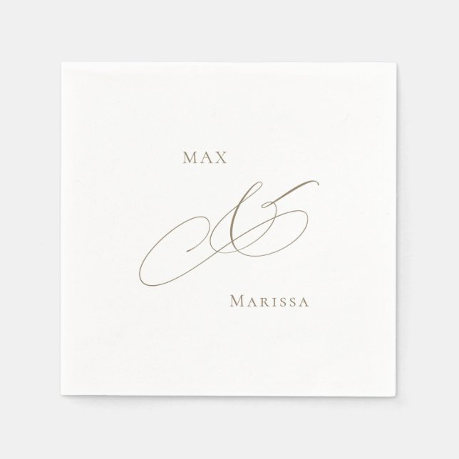 Gold Personalised  White Elegant Wedding Cocktail Napkin (Front)