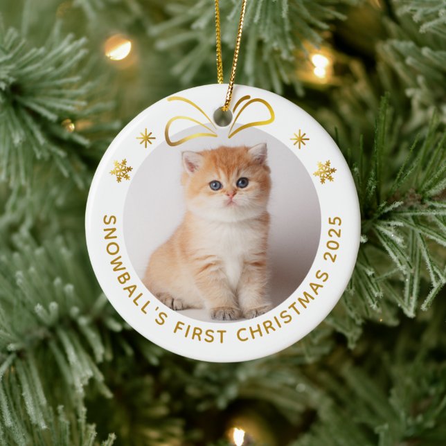 Gold Pet Cat Christmas Personalised Photo Holiday Ceramic Tree Decoration (Tree)