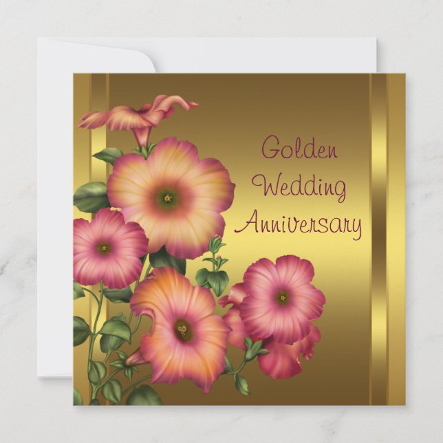 Gold Petunias Golden 50th Wedding Anniversary Invitation (Front)