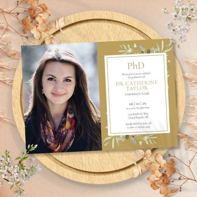 Gold PhD Degree Greenery Graduation Photo Invitation (Gold PhD Degree Greenery Graduation Photo Invitation)