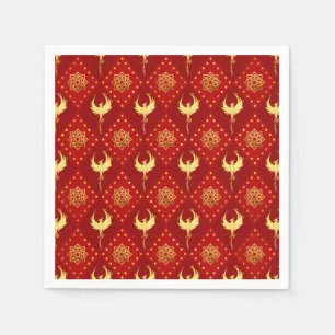 Gold Phoenix and lotus symbol pattern on red Napkin
