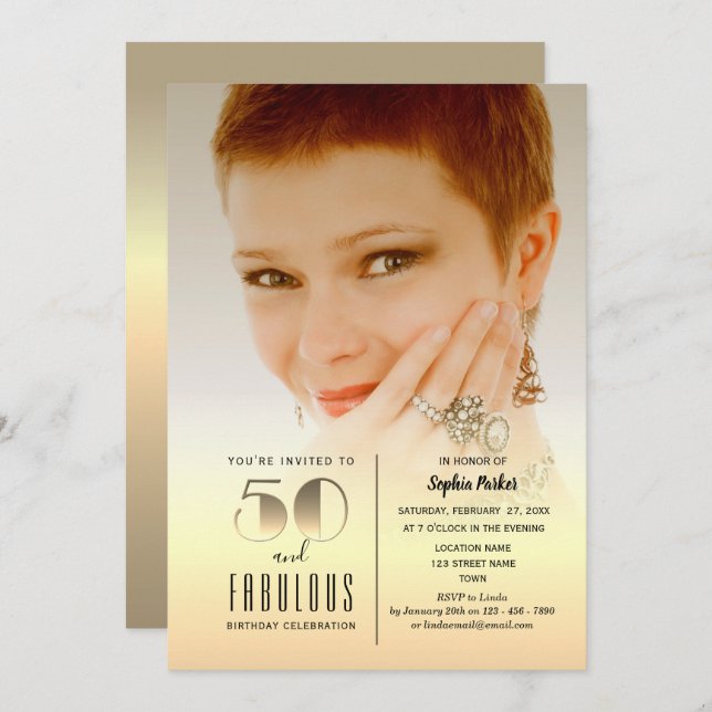 Gold Photo 50th Birthday Invitation (Front/Back)