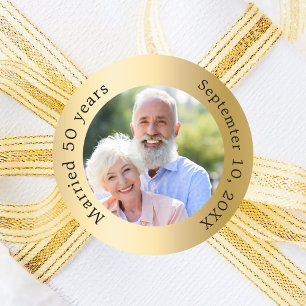 Gold photo 50th wedding anniversary classic round sticker