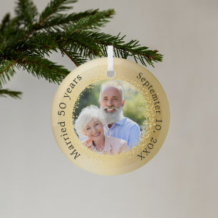 Gold photo 50th wedding anniversary glass tree decoration