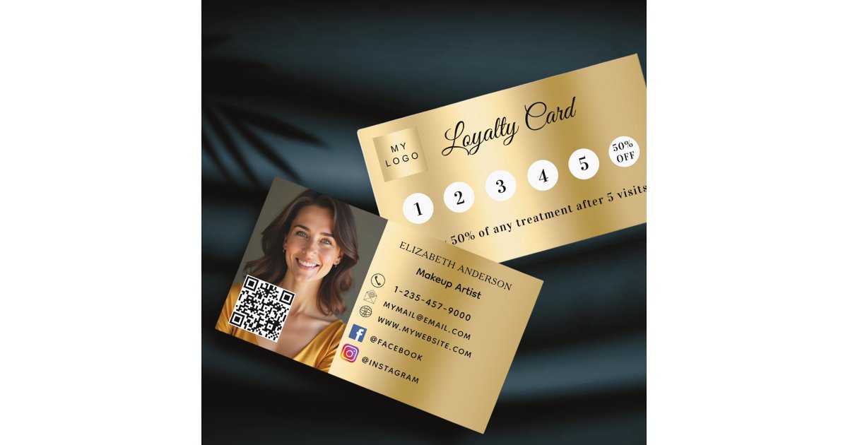 Gold photo business logo QR code loyalty card | Zazzle
